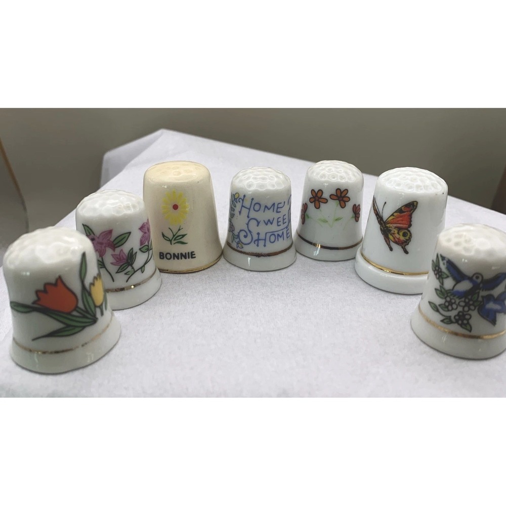Lot Of 7 Vintage Collectible Thimbles Flowers Birds Butterfly Cottagecore